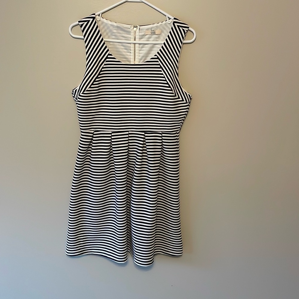 Ya Los Angeles Nautical Navy and White Striped Pleated Mini Dress (Size L)